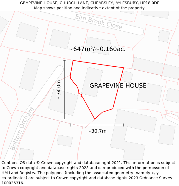 GRAPEVINE HOUSE, CHURCH LANE, CHEARSLEY, AYLESBURY, HP18 0DF: Plot and title map