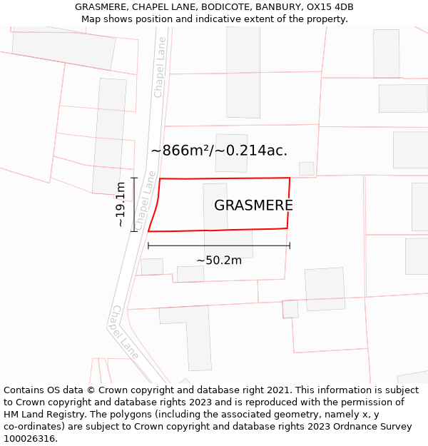 GRASMERE, CHAPEL LANE, BODICOTE, BANBURY, OX15 4DB: Plot and title map