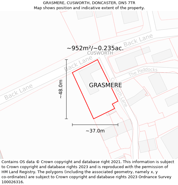 GRASMERE, CUSWORTH, DONCASTER, DN5 7TR: Plot and title map