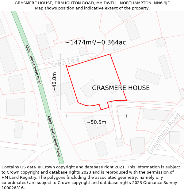 GRASMERE HOUSE, DRAUGHTON ROAD, MAIDWELL, NORTHAMPTON, NN6 9JF: Plot and title map