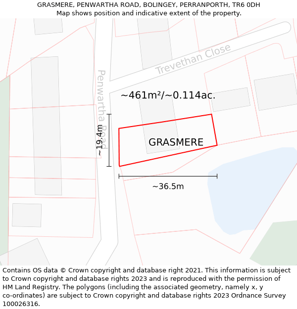 GRASMERE, PENWARTHA ROAD, BOLINGEY, PERRANPORTH, TR6 0DH: Plot and title map