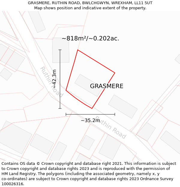 GRASMERE, RUTHIN ROAD, BWLCHGWYN, WREXHAM, LL11 5UT: Plot and title map