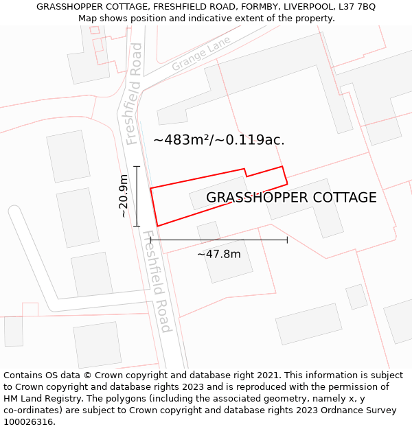 GRASSHOPPER COTTAGE, FRESHFIELD ROAD, FORMBY, LIVERPOOL, L37 7BQ: Plot and title map