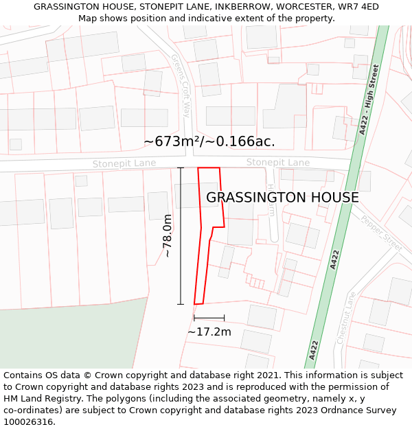 GRASSINGTON HOUSE, STONEPIT LANE, INKBERROW, WORCESTER, WR7 4ED: Plot and title map