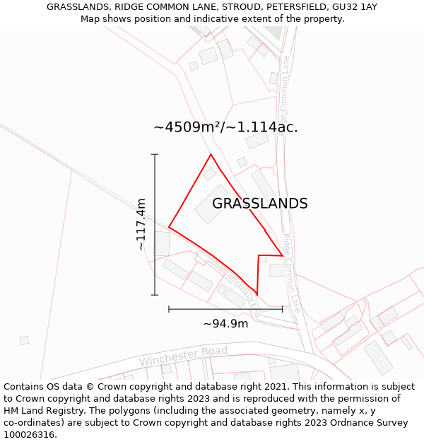 GRASSLANDS, RIDGE COMMON LANE, STROUD, PETERSFIELD, GU32 1AY: Plot and title map