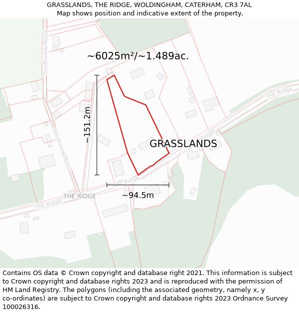 GRASSLANDS, THE RIDGE, WOLDINGHAM, CATERHAM, CR3 7AL: Plot and title map