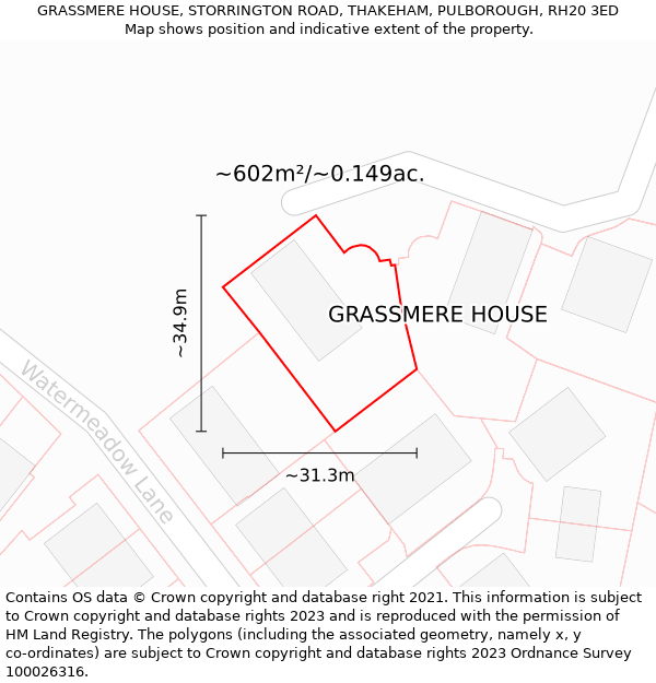 GRASSMERE HOUSE, STORRINGTON ROAD, THAKEHAM, PULBOROUGH, RH20 3ED: Plot and title map