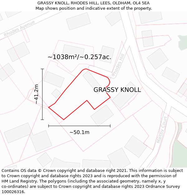 GRASSY KNOLL, RHODES HILL, LEES, OLDHAM, OL4 5EA: Plot and title map