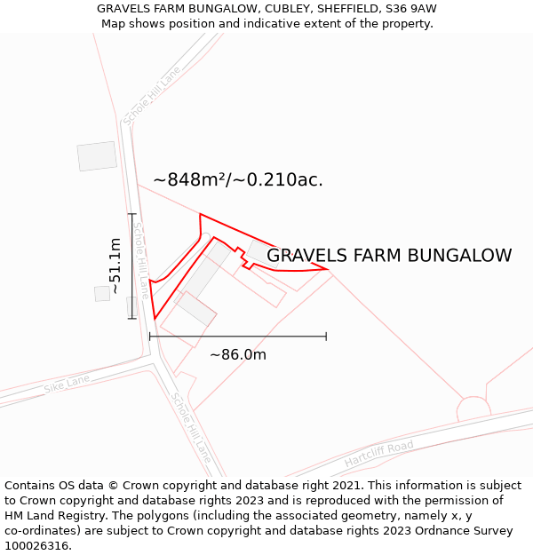 GRAVELS FARM BUNGALOW, CUBLEY, SHEFFIELD, S36 9AW: Plot and title map