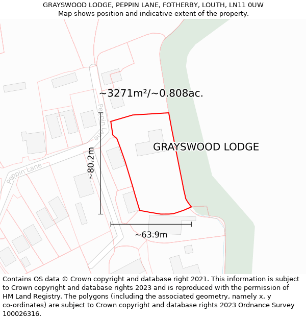 GRAYSWOOD LODGE, PEPPIN LANE, FOTHERBY, LOUTH, LN11 0UW: Plot and title map