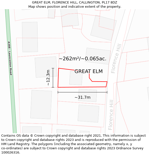 GREAT ELM, FLORENCE HILL, CALLINGTON, PL17 8DZ: Plot and title map