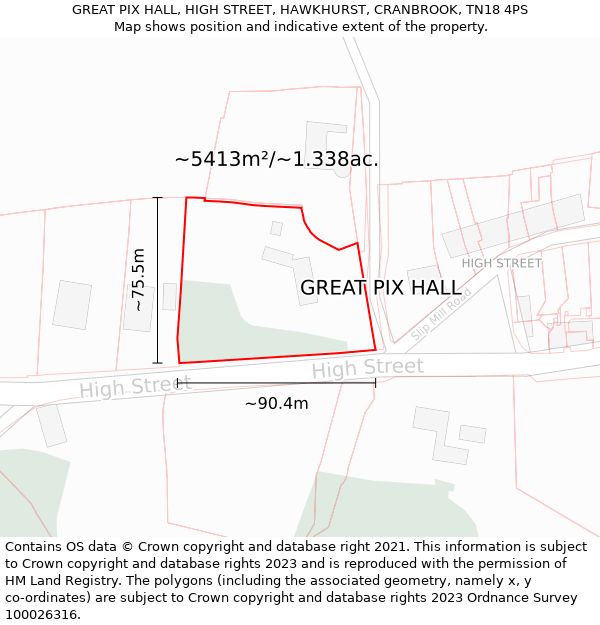 GREAT PIX HALL, HIGH STREET, HAWKHURST, CRANBROOK, TN18 4PS: Plot and title map