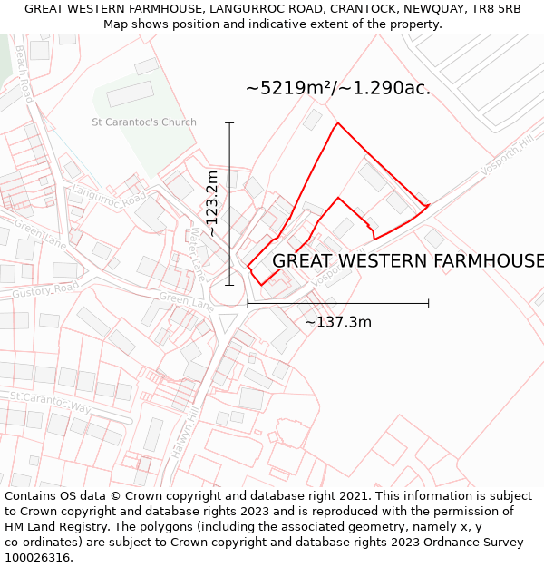 GREAT WESTERN FARMHOUSE, LANGURROC ROAD, CRANTOCK, NEWQUAY, TR8 5RB: Plot and title map