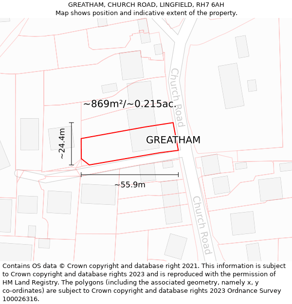 GREATHAM, CHURCH ROAD, LINGFIELD, RH7 6AH: Plot and title map