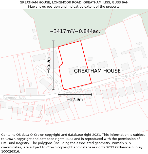 GREATHAM HOUSE, LONGMOOR ROAD, GREATHAM, LISS, GU33 6AH: Plot and title map