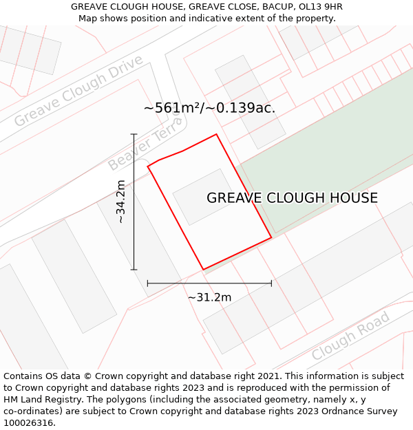 GREAVE CLOUGH HOUSE, GREAVE CLOSE, BACUP, OL13 9HR: Plot and title map