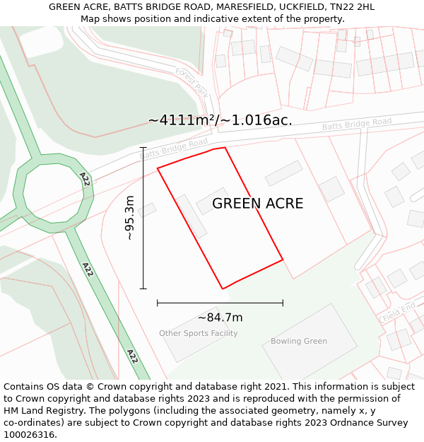 GREEN ACRE, BATTS BRIDGE ROAD, MARESFIELD, UCKFIELD, TN22 2HL: Plot and title map