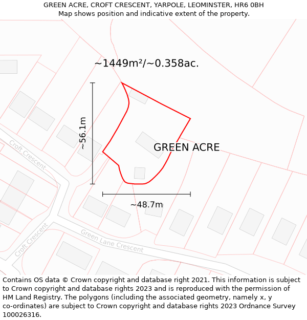 GREEN ACRE, CROFT CRESCENT, YARPOLE, LEOMINSTER, HR6 0BH: Plot and title map