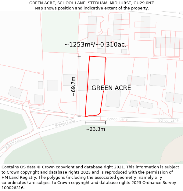GREEN ACRE, SCHOOL LANE, STEDHAM, MIDHURST, GU29 0NZ: Plot and title map