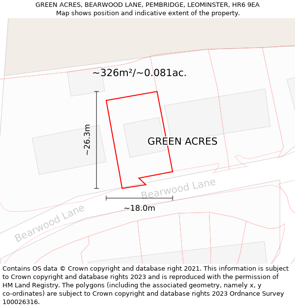 GREEN ACRES, BEARWOOD LANE, PEMBRIDGE, LEOMINSTER, HR6 9EA: Plot and title map