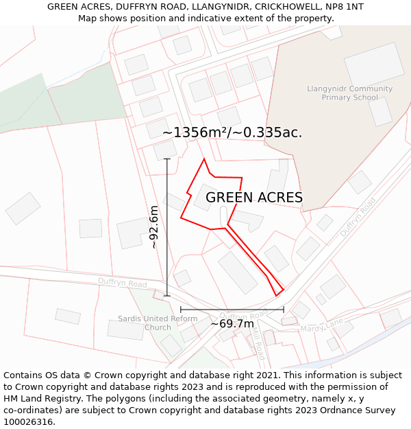 GREEN ACRES, DUFFRYN ROAD, LLANGYNIDR, CRICKHOWELL, NP8 1NT: Plot and title map