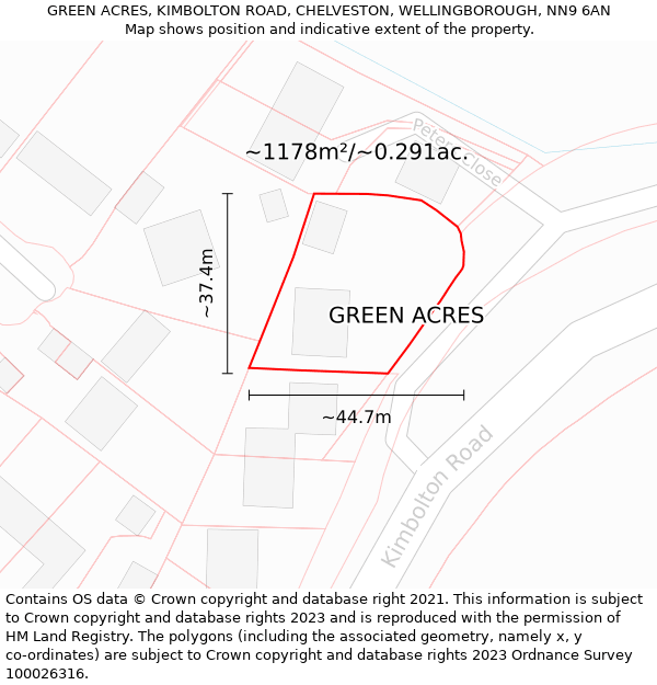 GREEN ACRES, KIMBOLTON ROAD, CHELVESTON, WELLINGBOROUGH, NN9 6AN: Plot and title map