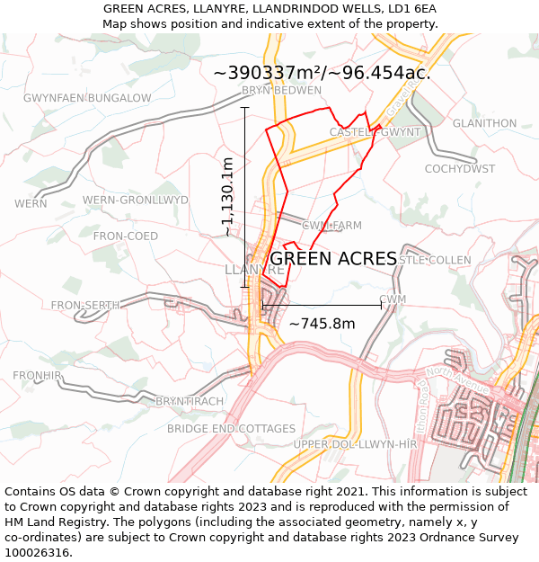 GREEN ACRES, LLANYRE, LLANDRINDOD WELLS, LD1 6EA: Plot and title map