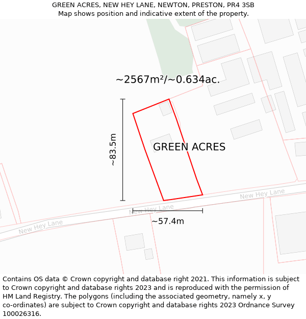 GREEN ACRES, NEW HEY LANE, NEWTON, PRESTON, PR4 3SB: Plot and title map
