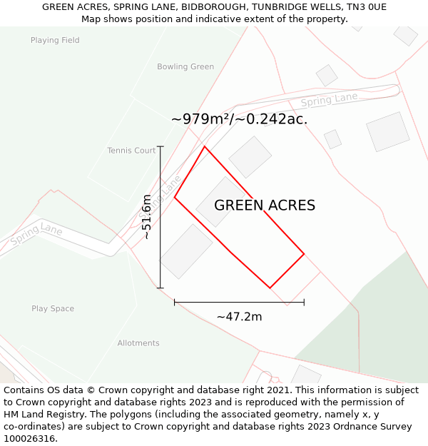 GREEN ACRES, SPRING LANE, BIDBOROUGH, TUNBRIDGE WELLS, TN3 0UE: Plot and title map