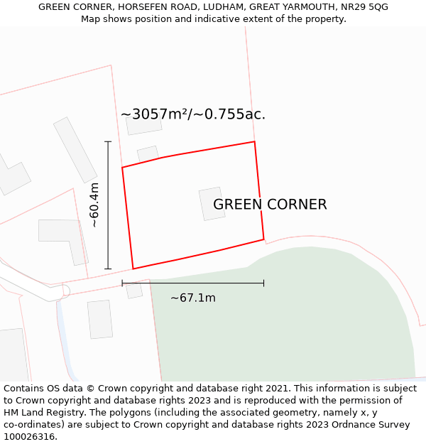 GREEN CORNER, HORSEFEN ROAD, LUDHAM, GREAT YARMOUTH, NR29 5QG: Plot and title map