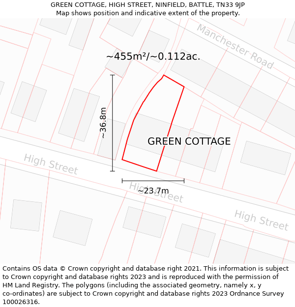 GREEN COTTAGE, HIGH STREET, NINFIELD, BATTLE, TN33 9JP: Plot and title map