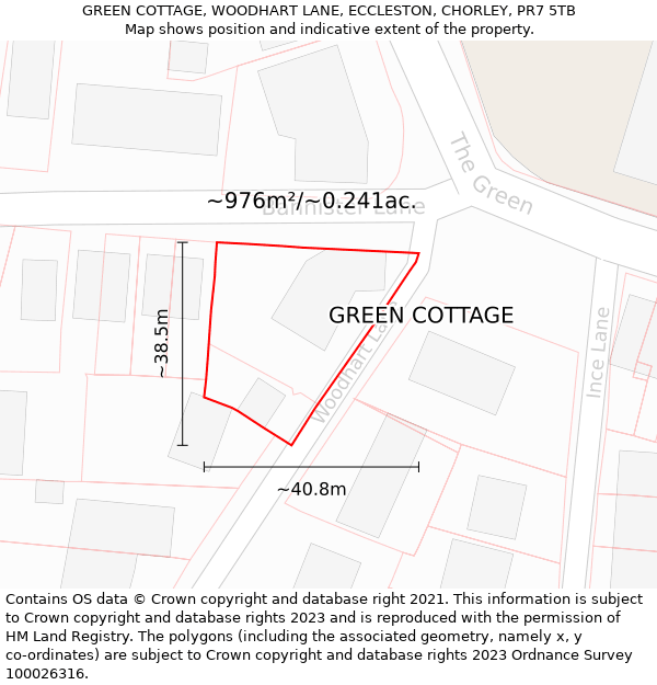 GREEN COTTAGE, WOODHART LANE, ECCLESTON, CHORLEY, PR7 5TB: Plot and title map