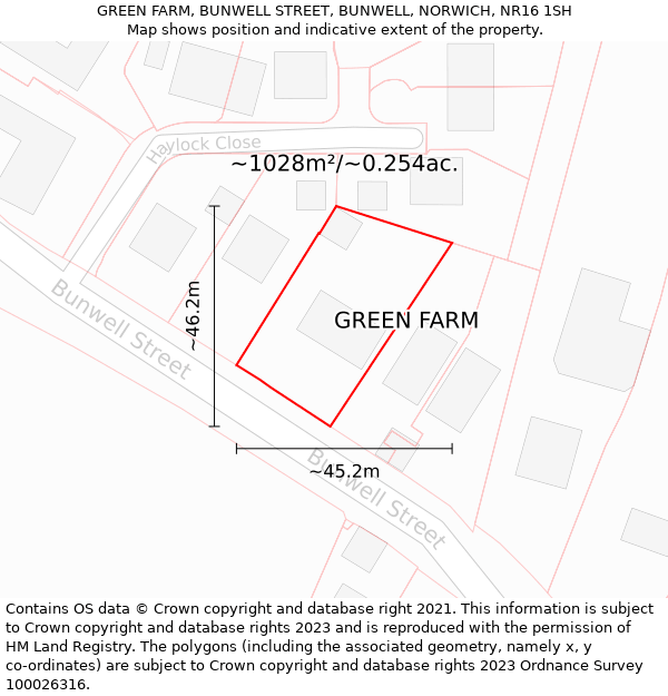 GREEN FARM, BUNWELL STREET, BUNWELL, NORWICH, NR16 1SH: Plot and title map