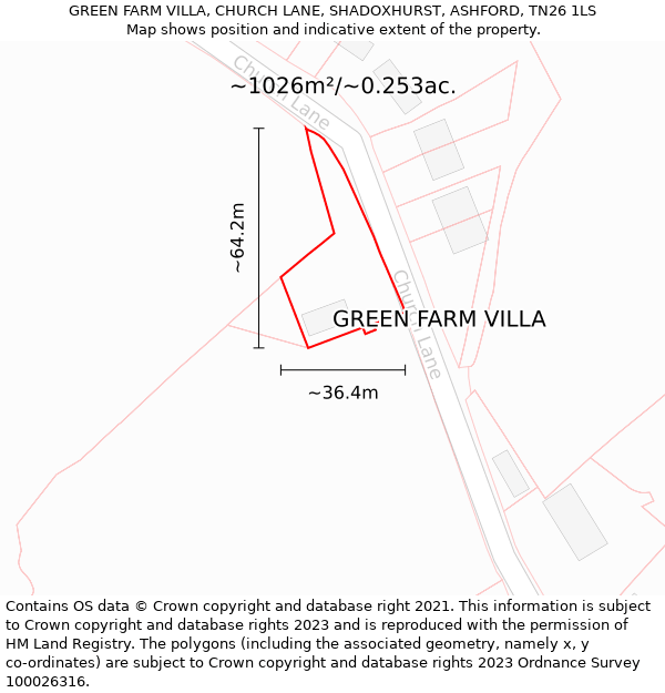 GREEN FARM VILLA, CHURCH LANE, SHADOXHURST, ASHFORD, TN26 1LS: Plot and title map