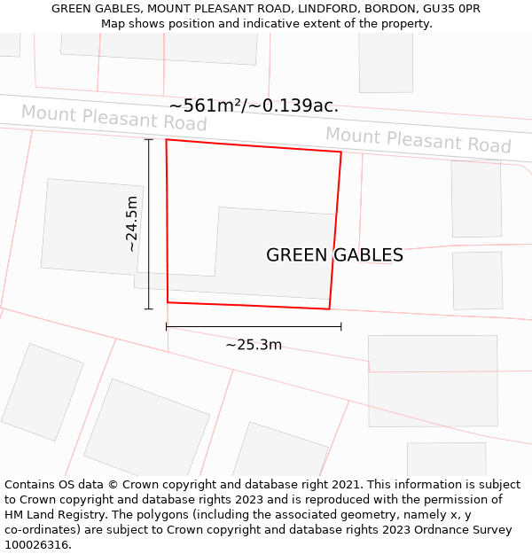 GREEN GABLES, MOUNT PLEASANT ROAD, LINDFORD, BORDON, GU35 0PR: Plot and title map