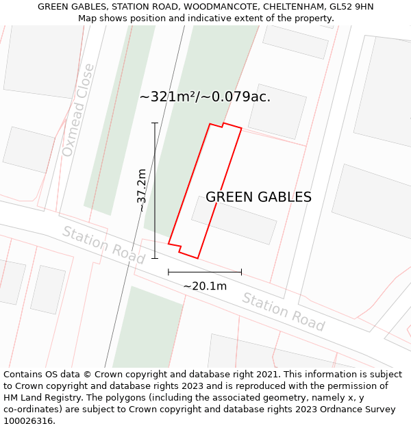 GREEN GABLES, STATION ROAD, WOODMANCOTE, CHELTENHAM, GL52 9HN: Plot and title map