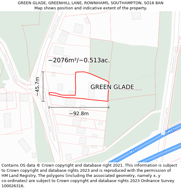 GREEN GLADE, GREENHILL LANE, ROWNHAMS, SOUTHAMPTON, SO16 8AN: Plot and title map