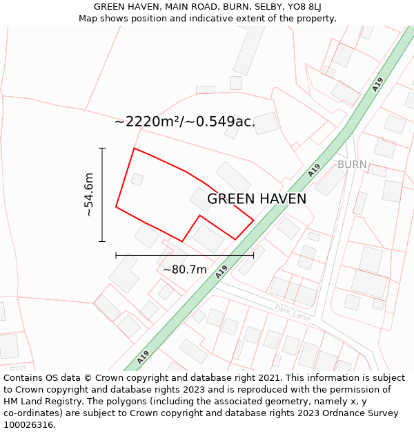GREEN HAVEN, MAIN ROAD, BURN, SELBY, YO8 8LJ: Plot and title map
