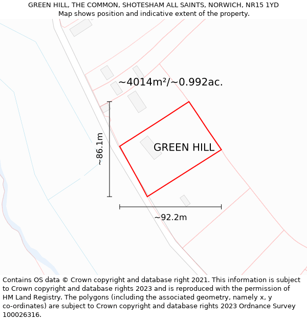 GREEN HILL, THE COMMON, SHOTESHAM ALL SAINTS, NORWICH, NR15 1YD: Plot and title map