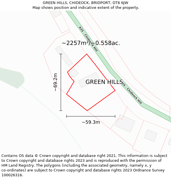 GREEN HILLS, CHIDEOCK, BRIDPORT, DT6 6JW: Plot and title map