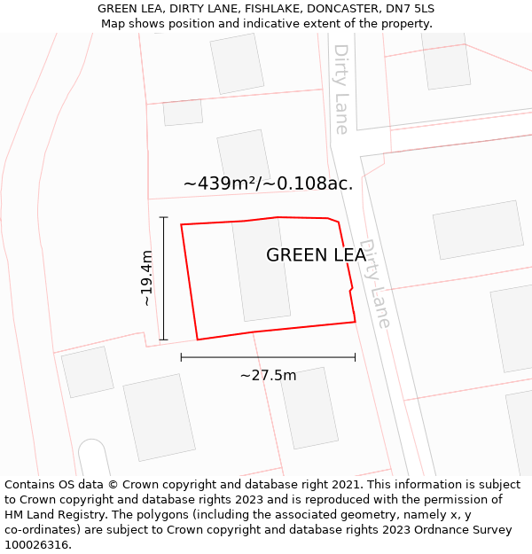 GREEN LEA, DIRTY LANE, FISHLAKE, DONCASTER, DN7 5LS: Plot and title map