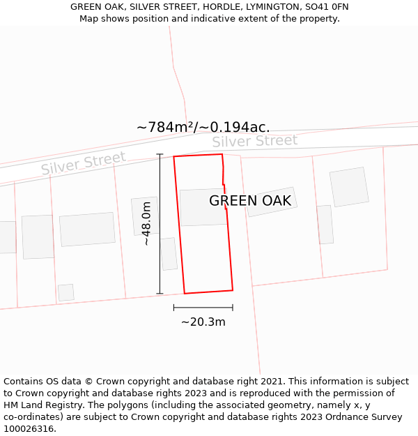 GREEN OAK, SILVER STREET, HORDLE, LYMINGTON, SO41 0FN: Plot and title map