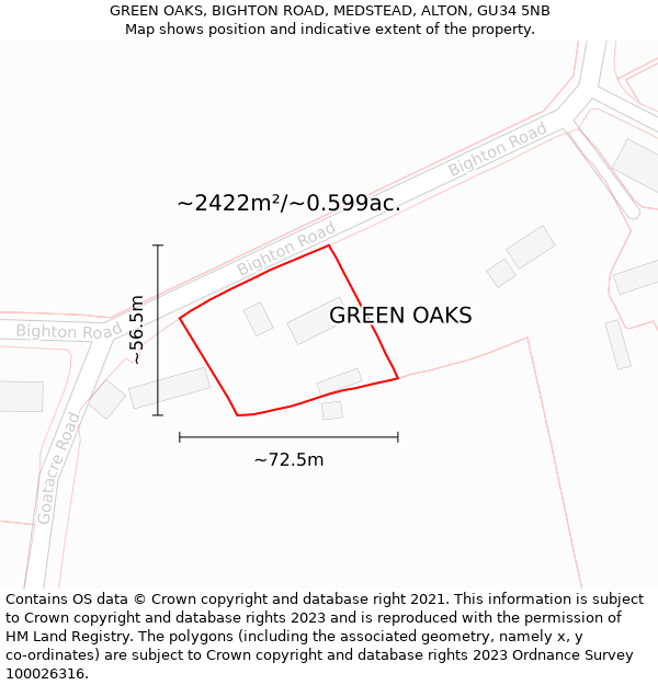 GREEN OAKS, BIGHTON ROAD, MEDSTEAD, ALTON, GU34 5NB: Plot and title map