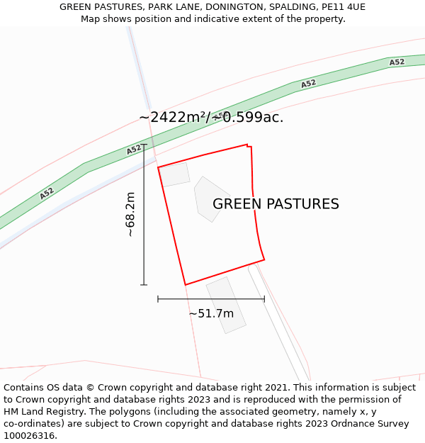 GREEN PASTURES, PARK LANE, DONINGTON, SPALDING, PE11 4UE: Plot and title map