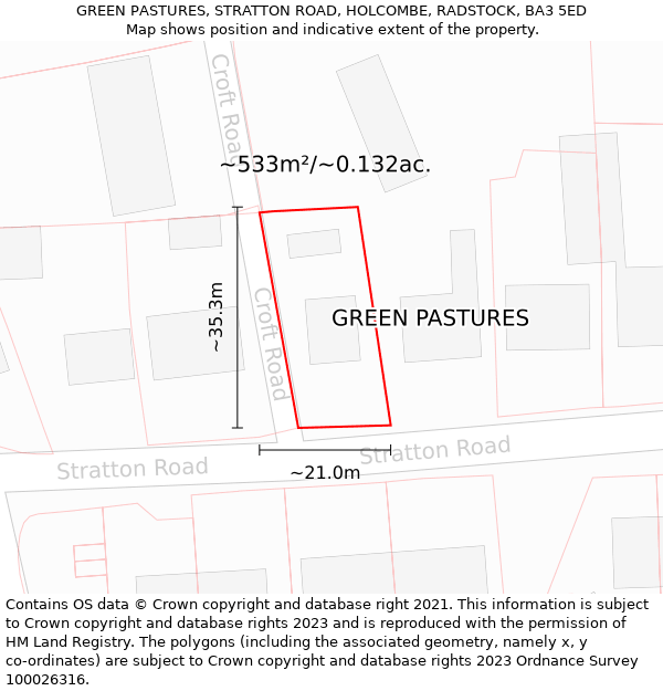 GREEN PASTURES, STRATTON ROAD, HOLCOMBE, RADSTOCK, BA3 5ED: Plot and title map