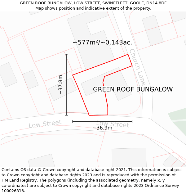 GREEN ROOF BUNGALOW, LOW STREET, SWINEFLEET, GOOLE, DN14 8DF: Plot and title map