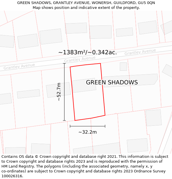 GREEN SHADOWS, GRANTLEY AVENUE, WONERSH, GUILDFORD, GU5 0QN: Plot and title map