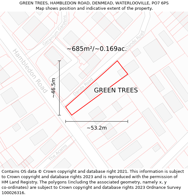 GREEN TREES, HAMBLEDON ROAD, DENMEAD, WATERLOOVILLE, PO7 6PS: Plot and title map