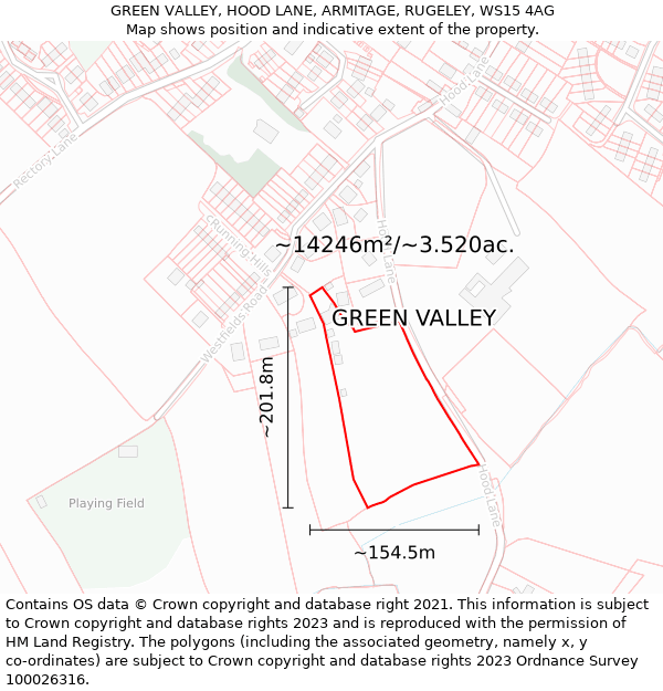 GREEN VALLEY, HOOD LANE, ARMITAGE, RUGELEY, WS15 4AG: Plot and title map