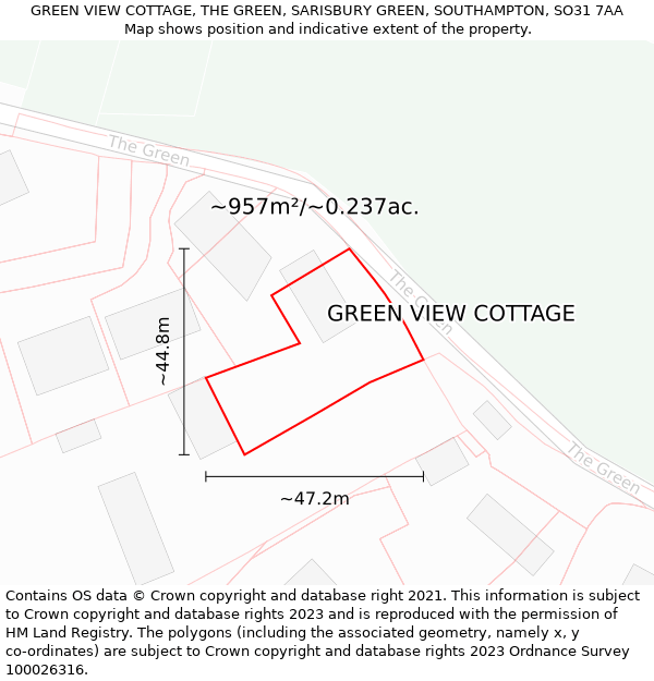 GREEN VIEW COTTAGE, THE GREEN, SARISBURY GREEN, SOUTHAMPTON, SO31 7AA: Plot and title map